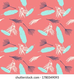 Moderno patrón de infiltración de vectores tropicales. Fondo Floral Pintado. Las hojas de candelio y plátano o el patrón de pluma tropical sin foco. Textil de verano chic. Elegante Textura de vestir de mujer con camiseta masculina.