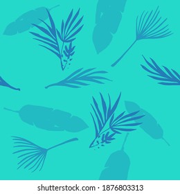 Modern Tropical Vector Seamless Pattern. Monstera Feather Dandelion Banana Leaves Tropical Seamless Pattern. Elegant Male Shirt Female Dress Texture. Nice Summer Fabrics. Doodle Floral Background.