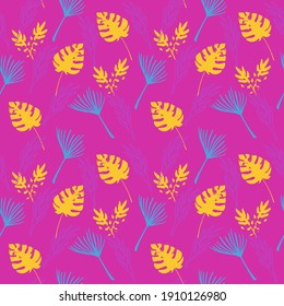 Modern Tropical Vector Seamless Pattern. Feather Monstera Dandelion Banana Leaves Tropical Seamless Pattern. Beautiful Male Shirt Female Dress Texture. Painted Floral Background. Fine Summer Textile.