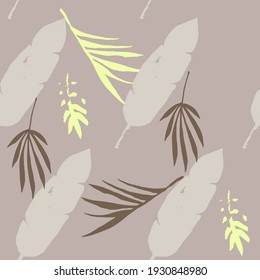 Modern Tropical Vector Seamless Pattern. Nice Summer Fashion. Elegant Male Shirt Female Dress Texture. Monstera Feather Banana Leaves Dandelion Tropical Seamless Pattern. Drawn Floral Background.