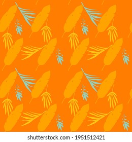 Modern Tropical Vector Seamless Pattern. Beautiful Male Shirt Female Dress Texture. Cool Summer Fabrics. Banana Leaves Feather Monstera Dandelion Tropical Seamless Pattern. Drawn Floral Background.