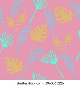 Modern Tropical Vector Seamless Pattern. Feather Banana, Monstera, Dandelion Leaves Tropical Seamless Pattern. Fine Summer Textile. Elegant Male Shirt Female Dress Texture. Doodle Floral Background.