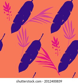 Modern Tropical Vector Seamless Pattern. Painted Floral Background. Beautiful Male Shirt Female Dress Texture. Fine Summer Textile. Banana Leaves Dandelion Feather Monstera Tropical Seamless Pattern.