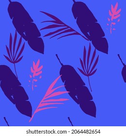 Modern Tropical Vector Seamless Pattern. Nice Summer Fashion. Painted Floral Background. Beautiful Male Shirt Female Dress Texture. Monstera Feather Dandelion Banana Leaves Tropical Seamless Pattern.