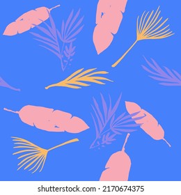 Modern Tropical Vector Seamless Pattern. Beautiful Male Shirt Female Dress Texture. Nice Summer Textile. Feather Banana Leaves Monstera Dandelion Tropical Seamless Pattern. Painted Floral Background.