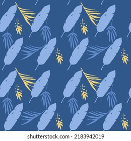 Modern Tropical Vector Seamless Pattern. Feather Monstera Dandelion Banana Leaves Tropical Seamless Pattern. Painted Floral Background. Beautiful Male Shirt Female Dress Texture. Nice Summer Fashion.