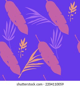 Modern Tropical Vector Seamless Pattern. Doodle Floral Background. Nice Summer Textile. Beautiful Male Shirt Female Dress Texture. Banana Leaves Monstera Dandelion Feather Tropical Seamless Pattern.