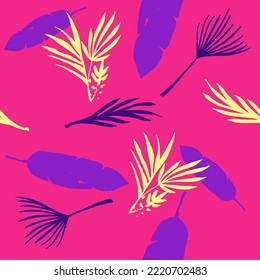Modern Tropical Vector Seamless Pattern. Beautiful Male Shirt Female Dress Texture. Monstera Banana Leaves Dandelion Feather Tropical Seamless Pattern. Drawn Floral Background. Cool Summer Fabrics.