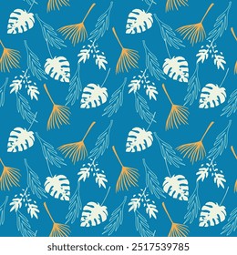 Modern Tropical Vector Seamless Pattern. Doodle Floral Background. Chic Summer Textile. Elegant Male Shirt Female Dress Texture. Feather Monstera Banana Leaves Dandelion Tropical Seamless Pattern.