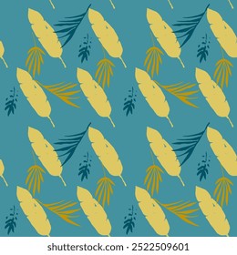 Modern Tropical Vector Seamless Pattern. Chic Summer Fashion. Banana Leaves Feather Dandelion Monstera Tropical Seamless Pattern. Beautiful Male Shirt Female Dress Texture. Painted Floral Background.