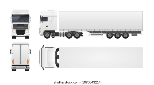 Modern truck or lorry isolated on white background. Front, back, top and side views. Commercial road vehicle, automobile shipping or delivery, cargo transportation. Realistic vector illustration