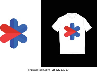 Modernes T-Shirt-Design mit einem abstrakten geometrischen Symbol in überlappenden roten und blauen Formen auf einfarbigem weißem Hintergrund. Minimalistisches und stylisches Bekleidungsmockup, perfekt für Branding, Print-Design, 