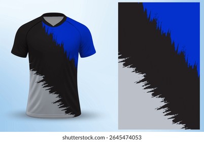 Modern T-shirt design featuring a bold blue, black, and grey abstract pattern.