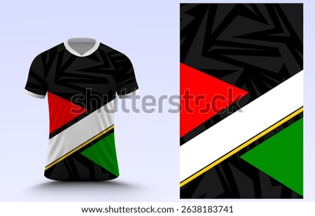 Modern t-shirt design featuring a bold geometric pattern in red, white, green, and black. Ideal for sports apparel or custom clothing