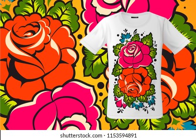 Modern t-shirt design with floral print in Russian style, use for sweatshirts and souvenirs, cases for mobile phones, vector illustration.
