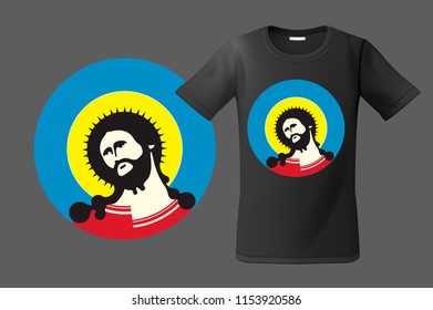 Modern t-shirt design with portrait of Jesus Christ, use for sweatshirts and souvenirs, cases for mobile phones, vector illustration.  