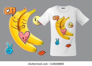 Modern t-shirt print design with funny bananas and emoticons, use for sweatshirts and souvenirs, cases for mobile phones, vector illustration.