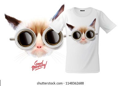 Modern t-shirt print design with funny cat with cups of coffee glasses, use for sweatshirts and souvenirs, cases for mobile phones, vector illustration.