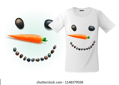 Modern t-shirt print design with funny snowman face, use for sweatshirts, souvenirs and other uses, vector illustration.