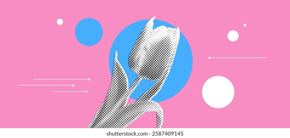 Modern tulip art with halftone effect on pink and blue background