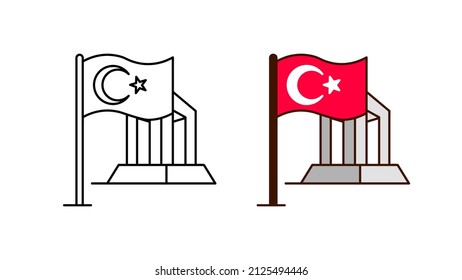 Modern Turkish Flag and Çanakkale Martyrs' Monument icon set. 18 march day flag icon. Linear and colorful Çanakkale monument ready template. Download simple linear vector. white background.