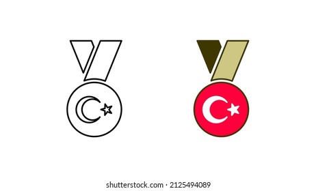 Modern Turkish Flag medal icon set. One of the modern icons with gold ribbon icon. Linear and red flag ready template. Download simple linear vector. white background.