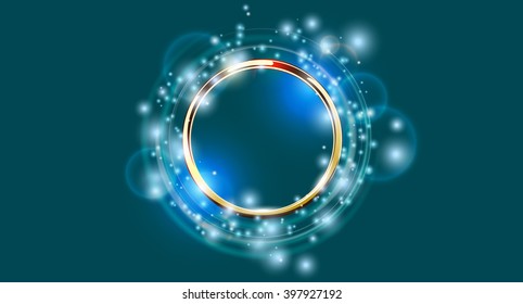 Modern turquoise golden ring sparkling background. Metal shine round frame with light circle, flare and spark light effect. Vector holiday card or cover decorative design element