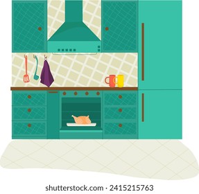 Moderno interior de cocina turquesa con horno y utensilios. Diseño de espacios de cocina limpios. Ilustración vectorial del hogar y estilo de vida.