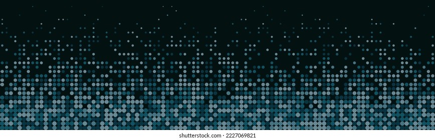 Modern turquoise polka dot horizontal panorama background. Dots in faded matrix pattern. Dark background with colorful spotted pattern. Vertical gradient. Bottom frame with copy space. Abstract vector