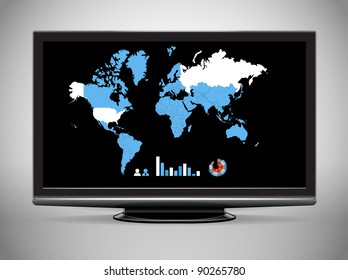 Modern TV with Earth map and statistics
