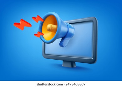 Modern tv with loudspeaker on blue background. Propaganda or breaking news concept. 3d vector illustration