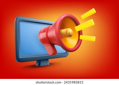 Modern tv with loudspeaker on red background. Breaking news concept. 3d vector illustration

