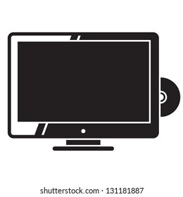 Modern Tv set with dvd disk. Black and white vector illustration