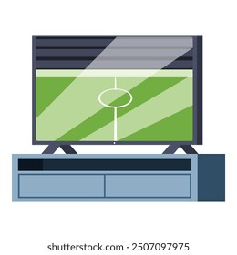 El televisor moderno muestra un partido de fútbol, descansando en un soporte de televisión, perfecto para ilustraciones sobre entretenimiento en el hogar