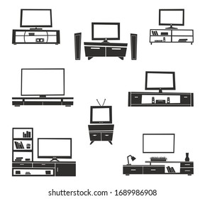 Moderna mesa de TV con estantes de cristal. Conjunto de iconos de mobiliario Estandado Vector Tv.