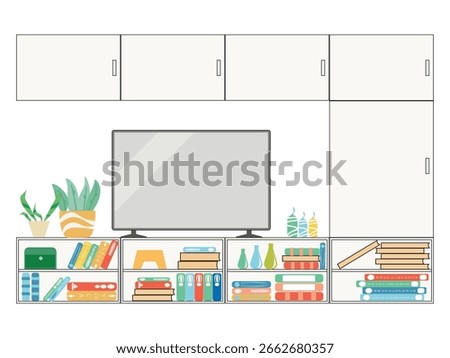 Modern TV table stand, wall unit entertainment center with bookcase, and TV plus decorations and plants. vector illustration