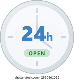 Modern Twenty Four Hours Open Clock Badge Vector Illustration. Minimalist Flat Icon with Bright Blue 24h Text and Light Green Open Button on White Clock Face Isolated on White Background for Service, Support, and Business Availability Concept.