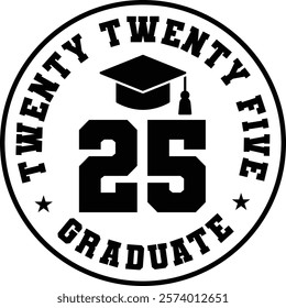 Modern "Twenty Twenty Graduate 25" design featuring a graduate in cap and gown celebrating their academic achievement. Perfect for graduation themes and educational projects.