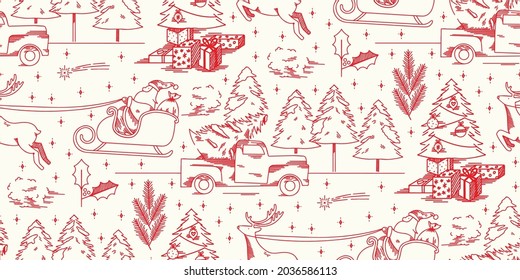 A modern twist in this toile de Jouy Christmas pattern. Monochrome seamless print background design. Vector illustration. Surface pattern design. Great for home decor and retro sewing projects. 