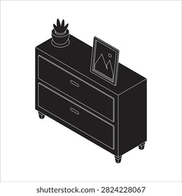 Modern two drawer nightstand with potted succulent and picture frame