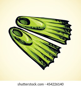Modern two lime color swimfins boots isolated on white background. Freehand bright hand drawn picture sketchy in art scribble retro style. Closeup view with space for text
