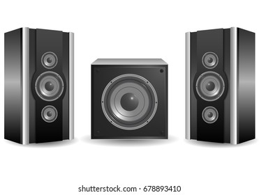 Modern two speakers and a subwoofer on a white background, vector