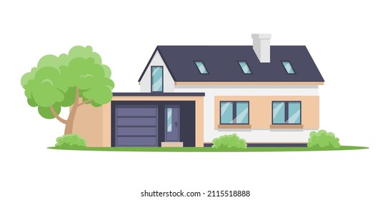 Modern Two Storey Countryside House With Garage And Attic Isometric Vector Illustration. Contemporary Comfortable Family Dwelling Suburb Street Neighborhood With Summer Green Garden Park Yard Lawn