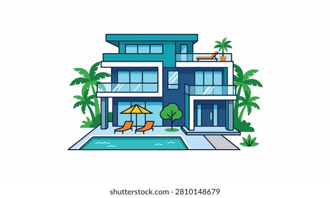 A modern two story beach house with palm trees and a sandy beach in front