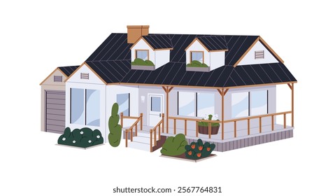 Modern two story house with terrace. Facade of residential home, family real estate. Exterior of townhouse with mansard. Front of suburban villa, cottage. Flat isolated vector illustration on white