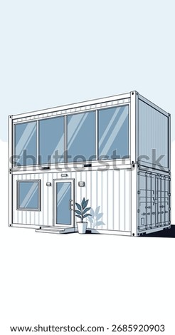 Modern two story shipping container home with large windows.