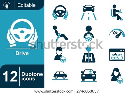 Modern two tone driving icon collection showing steering control, vehicle motion, speed indicator, driver position, road navigation, gear shift, and automotive movement concepts in flat vector style.