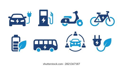 Modern two-color electric mobility icon collection featuring an EV car, charging station, electric scooter, e-bike, eco battery, electric bus, shared vehicle and green power plug. Ideal for sustainable transportation, smart cities, charging infrastructure and clean energy concepts.