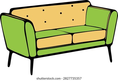 Modern two-seater sofa in light green with black legs.