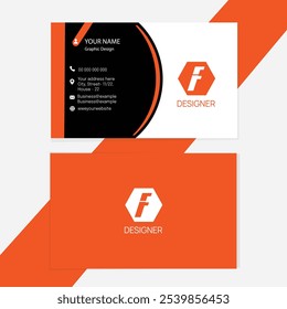 Modern, two-sided business card in orange, black, and white with contact details on one side bold 'F' logo with "Designer" text on other.